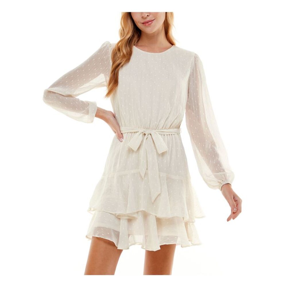 CITY STUDIO Womens Short Dress Beige Long Sleeve Belted Ruffle Hem Juniors L - Picture 1 of 4